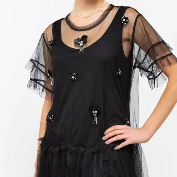 POL Sheer Mesh Two-fer Tulle Tunic Top Black Women's‎ Size S - Picture 3 of 9